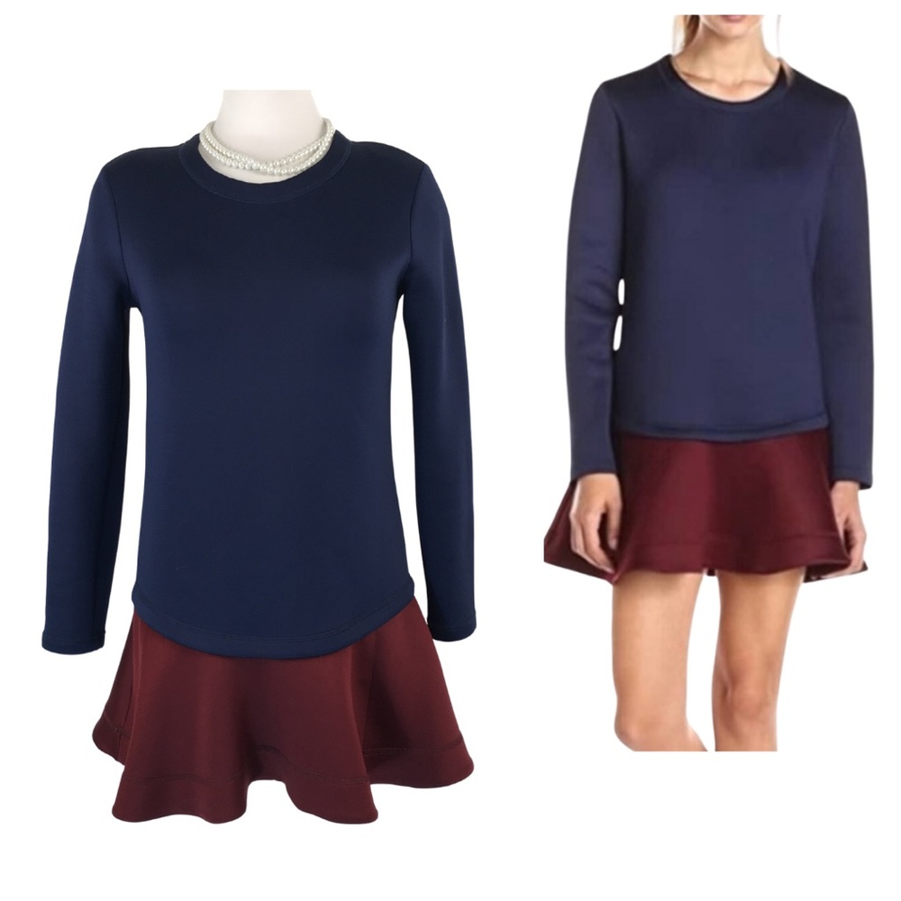 BCBGMaxazria Genesa Flounce Hem Navy Burgundy Color block Mini Dress size Small